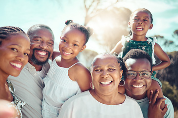 Image showing Family, selfie and love with people taking a photograph with a smile together outside in summer. Self portrait of a happy group of children, parents and grandparents posing for a picture in the sun