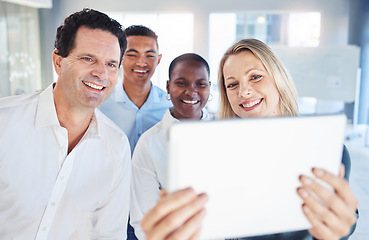 Image showing Selfie while business people smile at digital tablet or read email with profit, success and growth in a startup corporate company. Teamwork, support and collaboration while working to goal and target