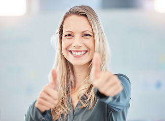 Image showing Thumbs up, motivation or yes and a happy business woman with a smile in the office. Thank you, success and winner with a female employee in celebration of an agreement, support or goal at work