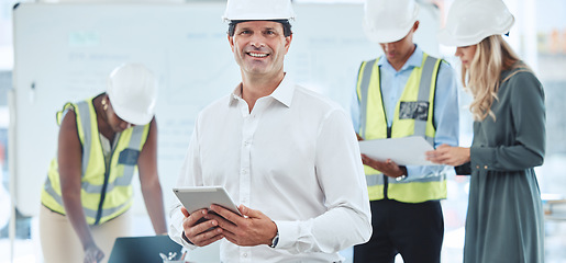 Image showing Architect, engineer and designer working on tablet, planning construction building job on mobile app and home renovation with workers at work. Portrait of happy manager and boss in architecture