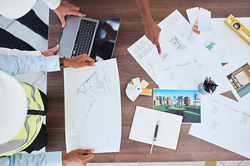 Image showing Construction team, table laptop planning and blueprint papers top view. Group collaboration development, building contractor meeting industry interior designer and engineering structure architecture.