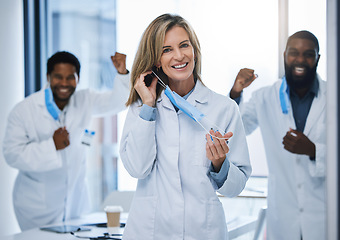 Image showing Doctors celebrate removing covid face mask at end of pandemic, celebration of virus done and success in medical hospital. Face portrait of healthcare workers happy after surgery and coronavirus