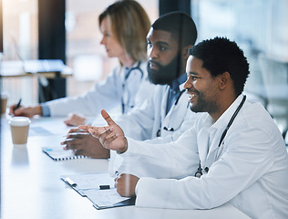 Image showing Doctors, healthcare workers and medical expert in meeting at hospital, collaboration on medicine in seminar conference and talking about cardiology in workshop. People working and training at clinic