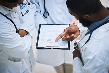 Image showing Results, clipboard and hand of doctor team with patient lab test, information or medical study innovation research. Medicine worker consulting healthcare employee in work, clinic or hospital meeting