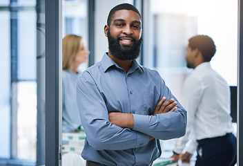 Image showing Confident and leadership portrait of a businessman in office meeting with vision for success, business recruitment and company growth. Smile of black man, manager or boss in a professional workplace