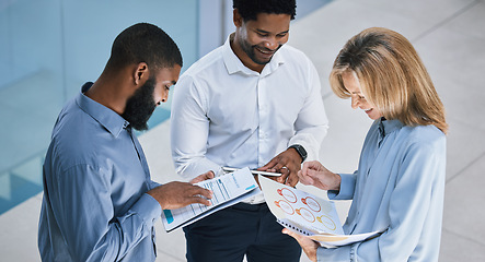 Image showing Work data, employees and document collaboration communication and discussion about report stats. Team meeting together for a conversation about corporate business paperwork and workflow.