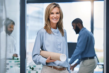 Image showing Architecture, woman and engineer with blueprint of building floor plan, architectural and project development in the office. Happy, smile and engineering designer working on a smart and creative idea