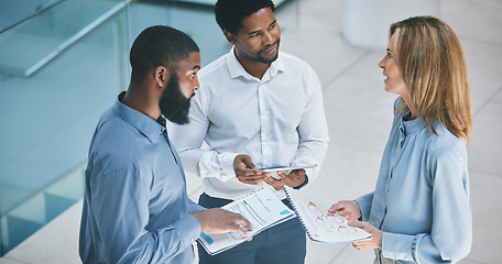 Image showing Business people planning with document and tablet, meeting about financial paper and talking about company growth in office at work. Finance employees in accounting working on strategy as team