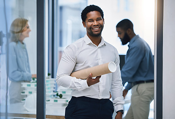 Image showing Architecture, planning and portrait of design architect or businessman in office and lens flare. Smile of confident manager or team leader with a vision, mission and motivation for career development