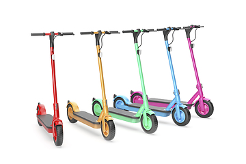 Image showing Row with five electric scooters with different colors