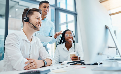 Image showing CRM, call center and telemarketing or about us team during training or coaching with manager on computer in office. Collaboration, teamwork and diversity at customer support agency with good feedback