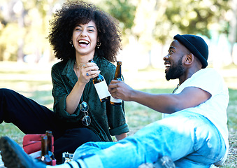Image showing Wine bottle, celebration and couple having a picnic date at the park or on a field with nature bokeh. Young and excited black man and woman or people with alcohol drink and enjoying outdoor together