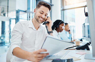 Image showing Telemarketing training and web help man on an office phone consultation with a work script. Happy internet call center and crm customer support consultant working on digital tech customer service