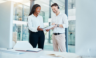 Image showing Sales marketing, call centre and team training discussion about customer service pitch. Headset operator conversation with a colleague about client communication and consultation script.