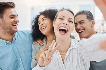 Image showing Work photograph, friends and office selfie fun in break time together at corporate workplace. Diverse, professional and happy coworker relationship circle at company team building workshop.