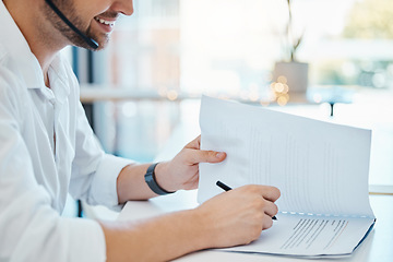 Image showing Telemarketing, sales or customer service worker talking on a headset with insurance paperwork and document. Happy consultant or call center agent consulting help and working in a crm support office