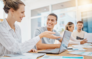 Image showing Marketing, smile with business people working on laptop in advertising, strategy or review planning collaboration. Finance, budget and consulting with woman manager and team of office employees