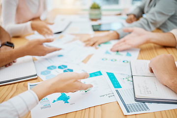 Image showing Marketing and advertising team planning strategy with paperwork or document in a meeting in an office. Teamwork and collaboration in a business meeting discussing profit and data graphs on paper