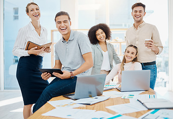 Image showing Project management, digital marketing and collaboration team or business people with laptop, notebook and paperwork. Diversity in office with happy workers for about us or social media agency company