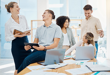 Image showing Funny business people, laughing group of designers and cheerful creative office team making jokes together in startup agency. Collaboration, diversity and success of smile, comedy and happy employees