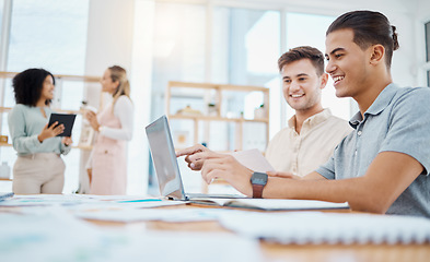 Image showing Vision, collaboration and teamwork with business, partner working on laptop in a corporate office. Happy colleagues reading online tips and strategy for marketing proposal or creative planning