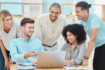 Image showing Teamwork, diversity and laptop digital marketing with smile, happy and excited creative office people. Collaboration, success and talking business worker sharing innovation strategy for brand website