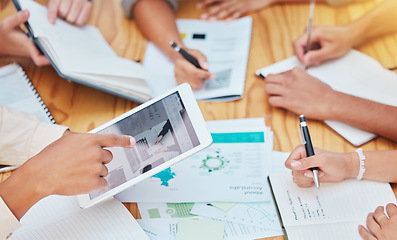 Image showing Marketing or advertising team with a tablet planning online with collaboration for creative ideas and brainstorming. Teamwork hands in a business meeting with data and support with digital technology