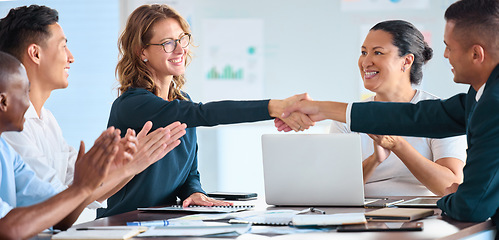 Image showing Deal handshake of business people in business meeting for trust, cooperation and collaboration. Welcome of B2b company leader in partnership strategy or teamwork with corporate business in boardroom