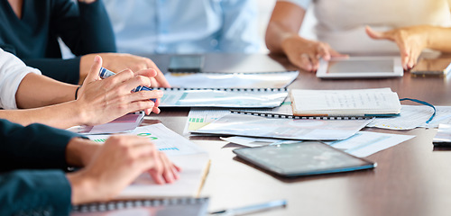 Image showing Meeting documents, seminar and hands at table for team working on planning for proposal strategy. Collaboration, teamwork and project management logistics of business people in corporate office.