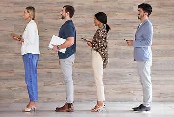 Image showing Job interview, recruitment and we are hiring with business people standing in a row waiting at human resources office. Diversity, vacancy and future employee prepared, happy and ready for meeting