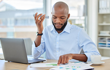 Image showing Planning, phone and businessman listening to voice message, note or audio in marketing, chart and strategy. Analytics, documents and graph with young black man working on idea, report or review