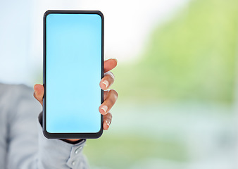 Image showing Mockup phone, blank space and blue mobile screen in a hand of a business woman for advertising or marketing. 5g network and wireless technology for a brand logo, internet app or contact us website