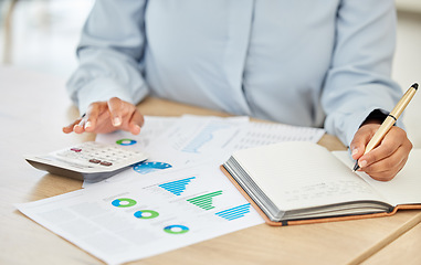 Image showing Finance hands, black woman and writing on notebook with kpi paper data, company growth chart and infographic business review. Financial accounting, future marketing budget and office investment stock