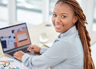 Image showing Black woman manager on laptop planning and working with company business email, SEO chart and graph for success. Corporate management employee with online internet ui pc notebook analytics