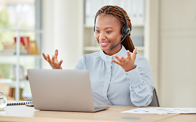 Image showing Black woman, call center and laptop webinar for workshop training on zoom meeting in company or startup office. Happy smile and motivation employee with innovation vision idea in crm video conference