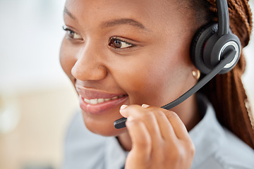 Image showing Customer service consultant, call center agent and happy telemarketing operator consulting and giving advice on headset. Face of a confident woman in contact us and crm support company with a smile
