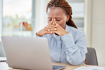 Image showing Black woman, headache and working at desk with pain and tension in head with glitch mistake on pc. Corporate girl with stress, fatigue and frustrated feelings after receiving bad news.