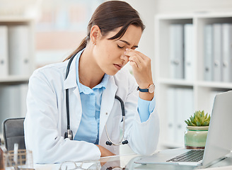 Image showing Headache pain, doctor stress and burnout from hospital work on laptop, sad about mental health problem and anxiety working in healthcare. Tired medical nurse with depression and mistake at clinic