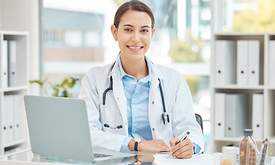 Image showing Doctor insurance, writing hospital report and working on healthcare documents in office, smile for medical checklist and paperwork for medicine at clinic. Signature of .portrait of nurse on paper