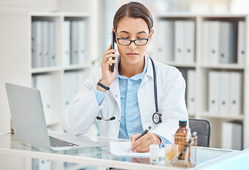 Image showing Doctor planning insurance, phone communication about health and writing strategy for work schedule in office at hospital. Medical nurse in healthcare discussion on call and working at clinic
