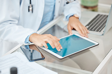 Image showing Office, mockup and hands of doctor with tablet browse, search and reading hospital medical information copy space. Healthcare professional woman doing medicine research work for telehealth consulting