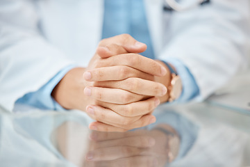 Image showing Woman doctor, hands or support with consulting medical worker, hospital or medicine healthcare employee. Zoom on insurance trust, help person or wellness innovation table, desk or mental health room