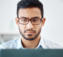 Image showing Asian man, laptop or thinking web developer with glasses planning cyber security software, website seo or database code. Zoom on face, office programmer or ux designer with innovation iot coding idea