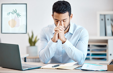 Image showing Stress, anxiety or burnout businessman working on online report or proposal deadline at office desk workplace. Mental health, headache or depressed corporate worker with frustrated fail or bad error