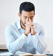 Image showing Stress, burnout and accountant working on tax, audit and financial paperwork or documents at office desk is tired. Finance, employee or businessman frustrated with accounting mistake and deadline