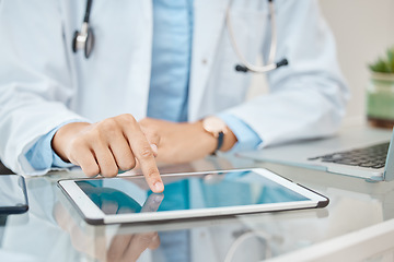 Image showing Hands or finger of doctor with tablet in office mockup search, research and health consulting online in hospital. Healthcare, medical and digital worker with technology and medicine telemarketing.