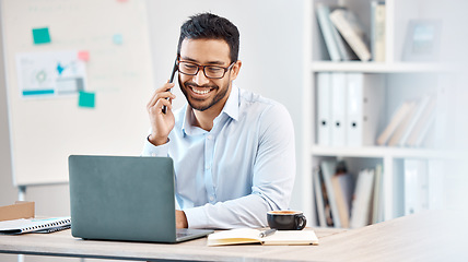 Image showing Laptop, communication and happy businessman in phone call conversation with event planner for corporate function. Employee, worker or business man talk on mobile smartphone planning company project