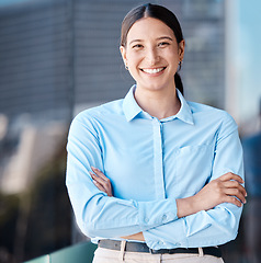 Image showing Success, vision and proud manager leader looking happy and smile, leadership with innovation at corporate job. Portrait of cheerful entrepreneur winning career goal, enjoying mission accomplishment