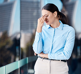 Image showing Crying, work burnout and stress headache of a business woman worried about mental health. Corporate lawyer worker on a balcony tired of working and feeling depression and sad anxiety at her job