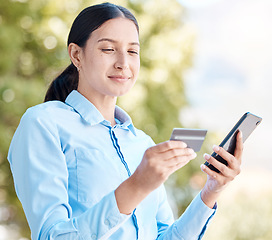 Image showing Retail, ecommerce and credit card phone payment with 5g woman online shopping, financial payment banking in urban city. Corporate employee using a fintech and safe digital bank app or software